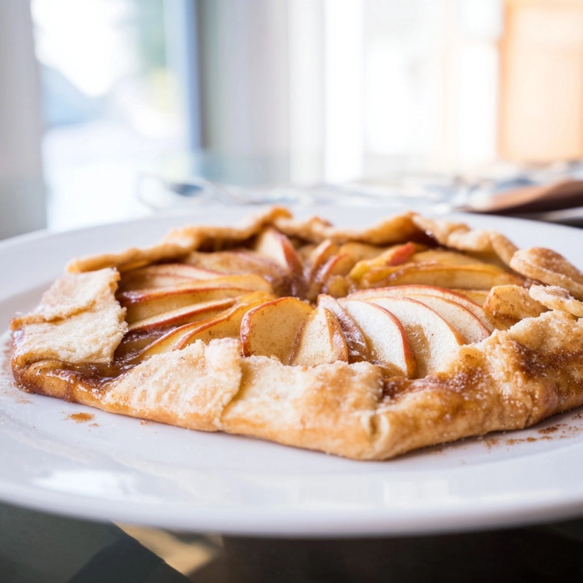 Warm, buttery Classic Rustic Apple Galette fresh from oven, best enjoyed with cream.