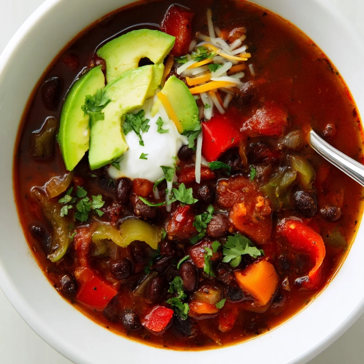 A steaming bowl of Spicy Black Bean Chili garnished with fresh avocado slices.  