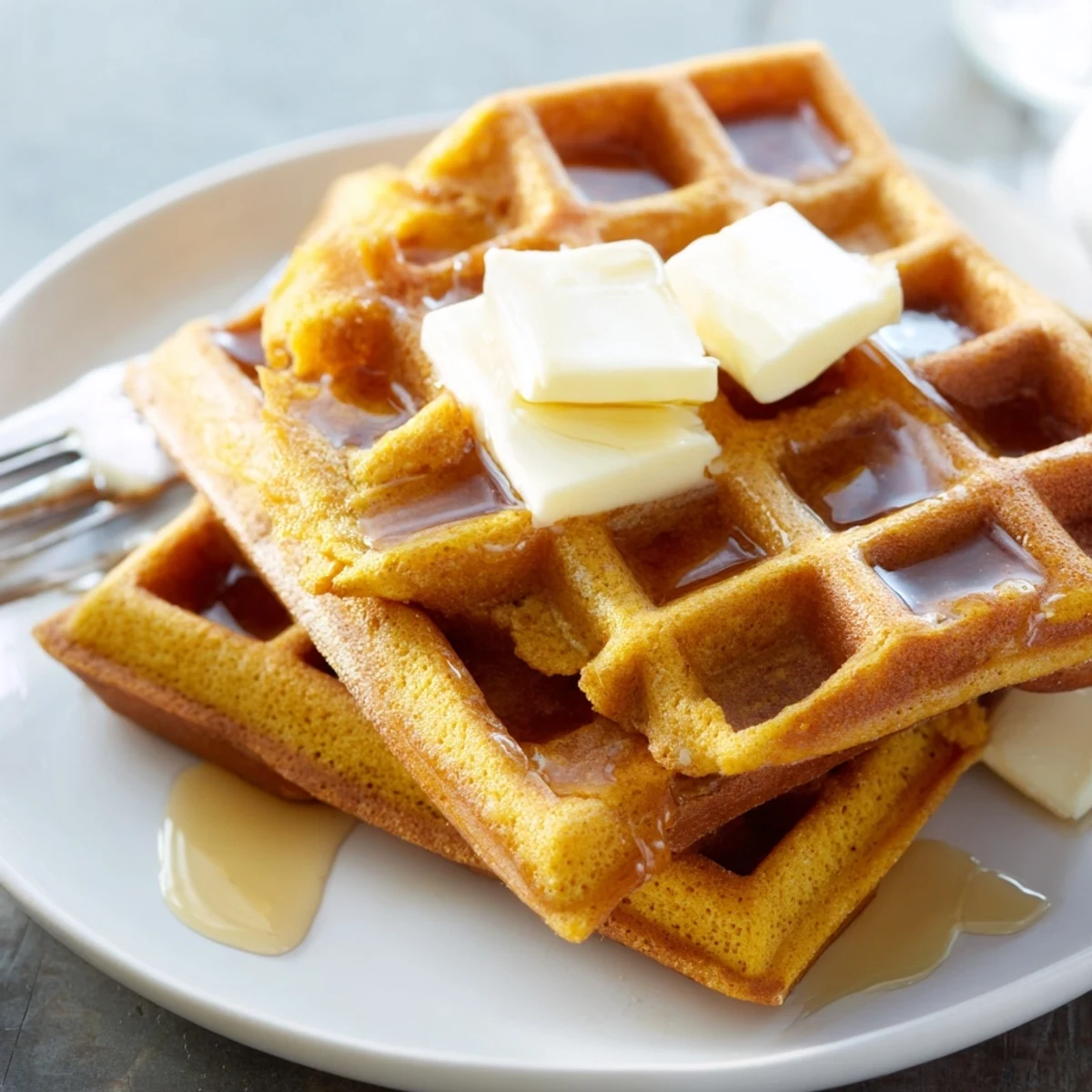 Crispy golden cornmeal waffles topped with syrup for a delightful breakfast experience.  