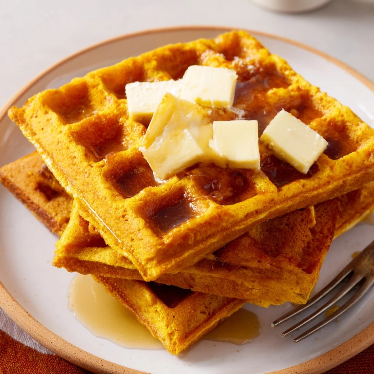 Deliciously fluffy cornmeal waffles served warm with butter and fresh fruit toppings.  