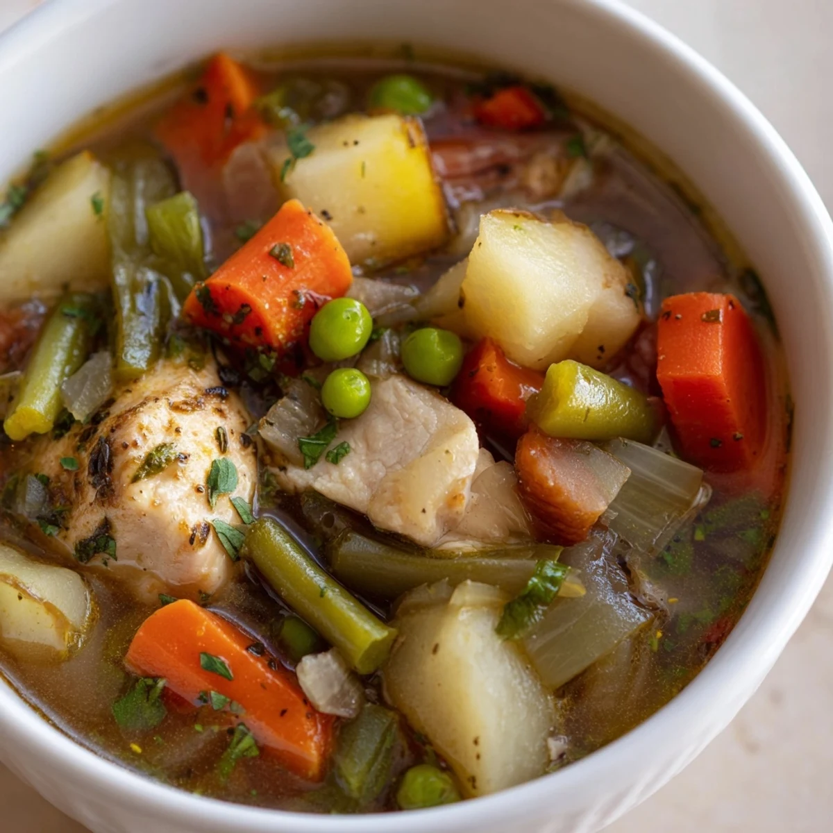 Hearty Chicken and Vegetable Stew simmering in a large pot, filled with vibrant colors.  