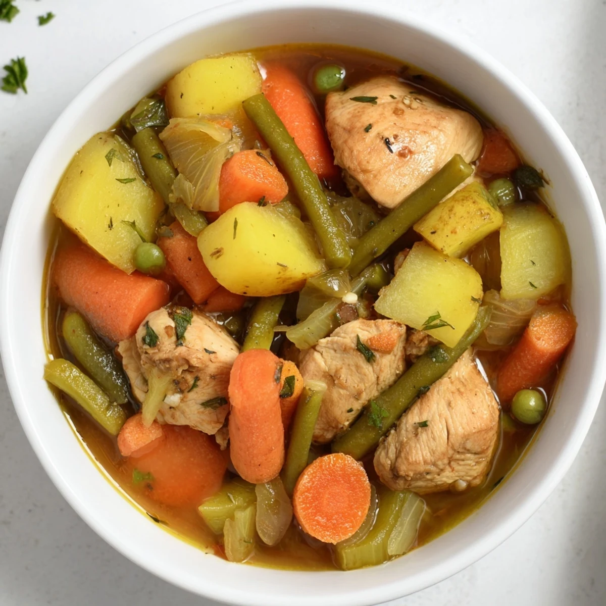 A comforting bowl of Hearty Chicken and Vegetable Stew garnished with fresh parsley.  