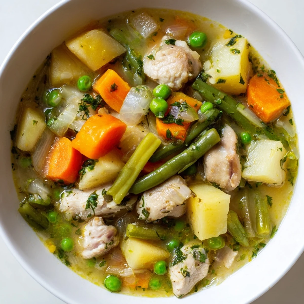 Tender chicken pieces and seasonal veggies in a Hearty Chicken and Vegetable Stew, ready to enjoy.