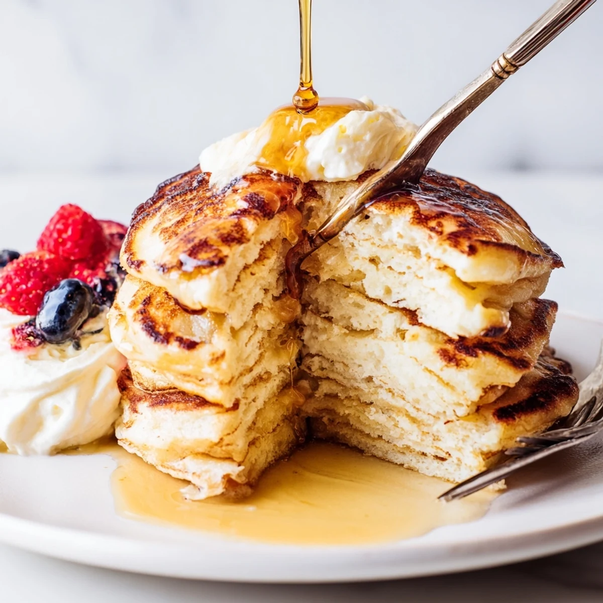 Fluffy Buttermilk Pancakes stacked high, golden brown with a side of syrup.  