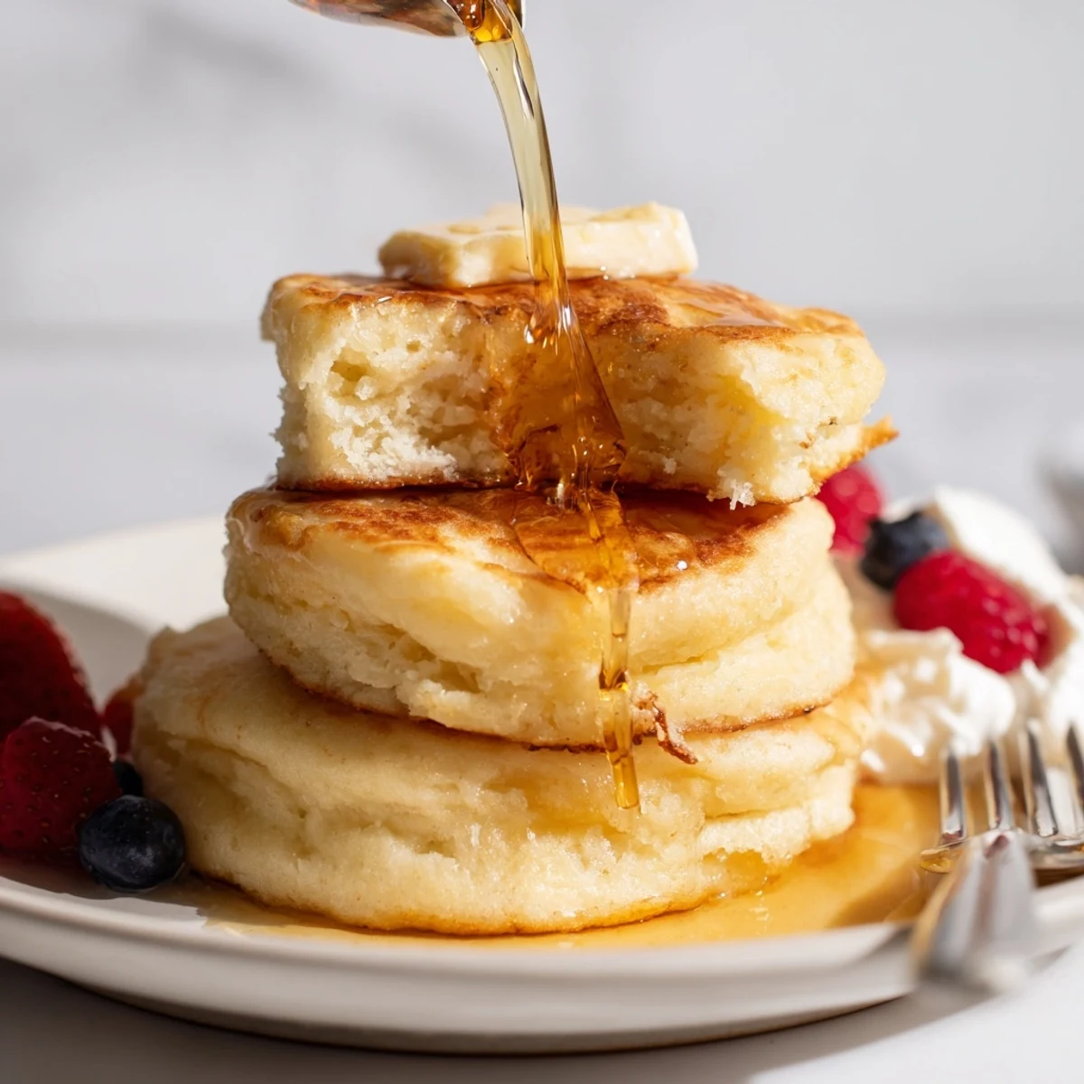 Deliciously airy Fluffy Buttermilk Pancakes topped with fresh berries and whipped cream.  