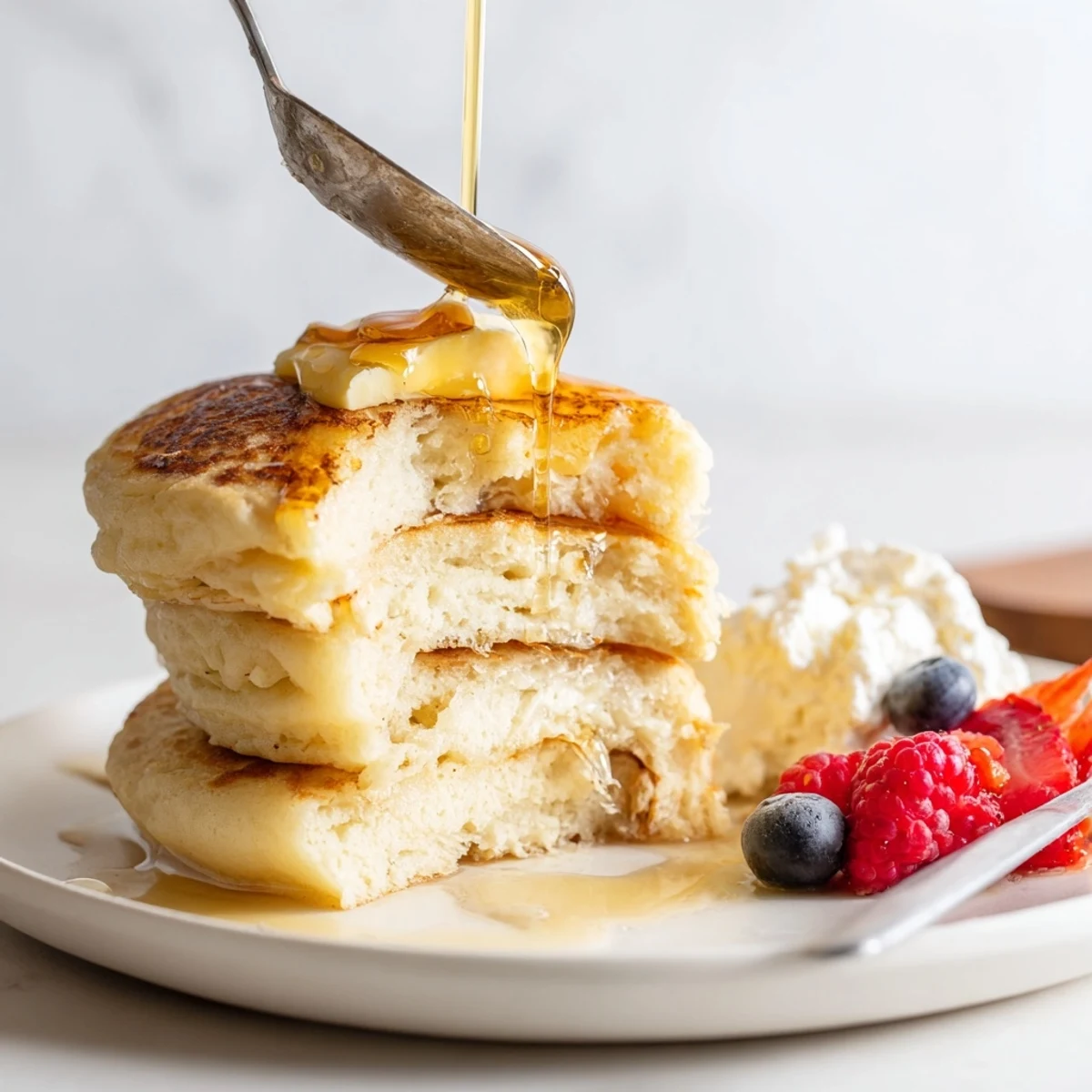 Homemade Fluffy Buttermilk Pancakes served hot with melted butter and maple syrup.