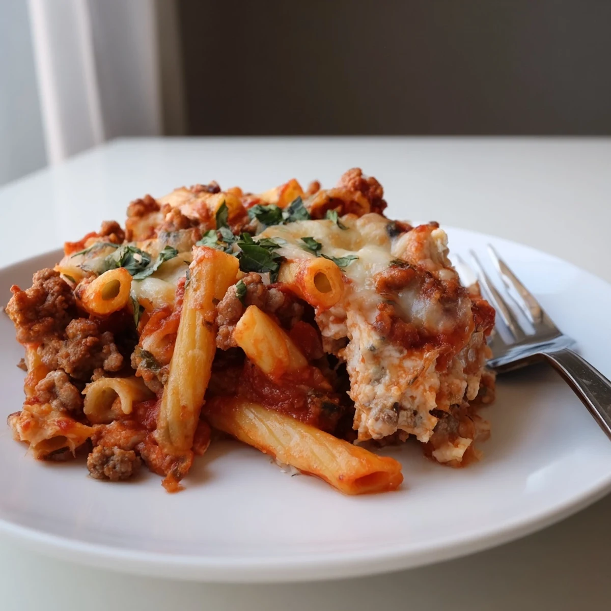 Baked Ziti with Sausage and Mozzarella, topped with gooey cheese and rich sauce.  