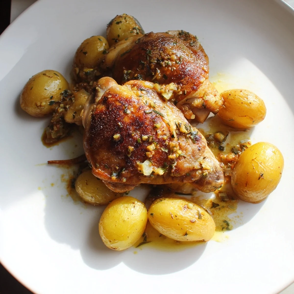 One-Pan Garlic Butter Chicken with Potatoes features golden, crispy chicken thighs and tender potatoes.  
