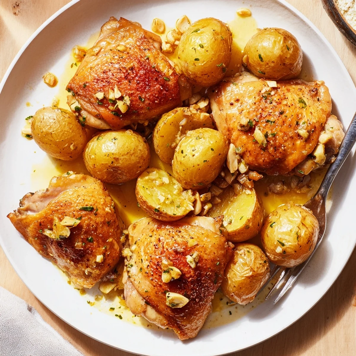 Juicy One-Pan Garlic Butter Chicken with Potatoes drizzled in aromatic garlic sauce, ready to serve.  