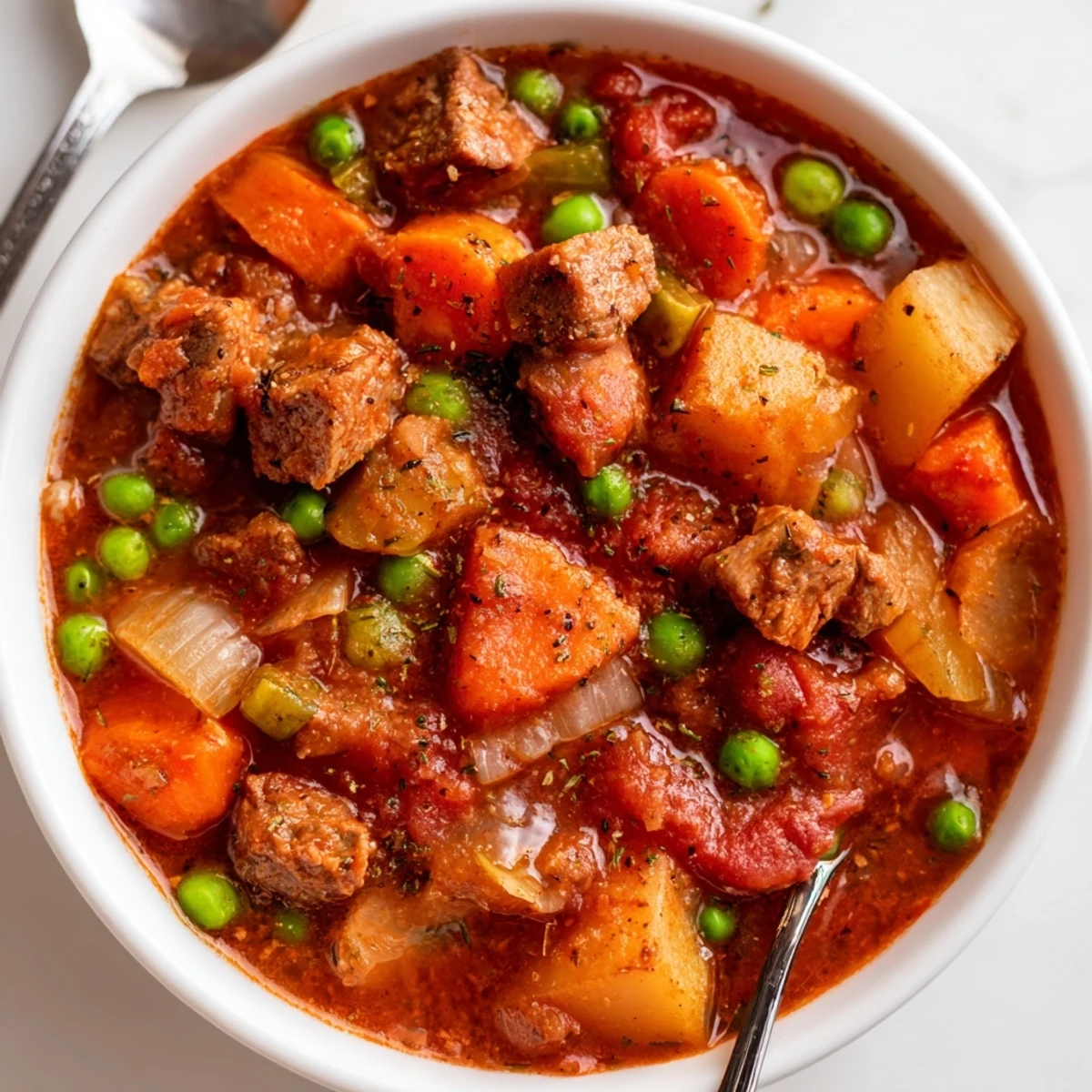 Hearty slow cooker beef and vegetable stew, rich in flavor and textures.  
