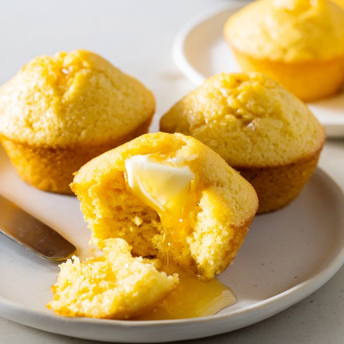 Deliciously moist cornbread muffins drizzled with creamy honey butter on a plate.  