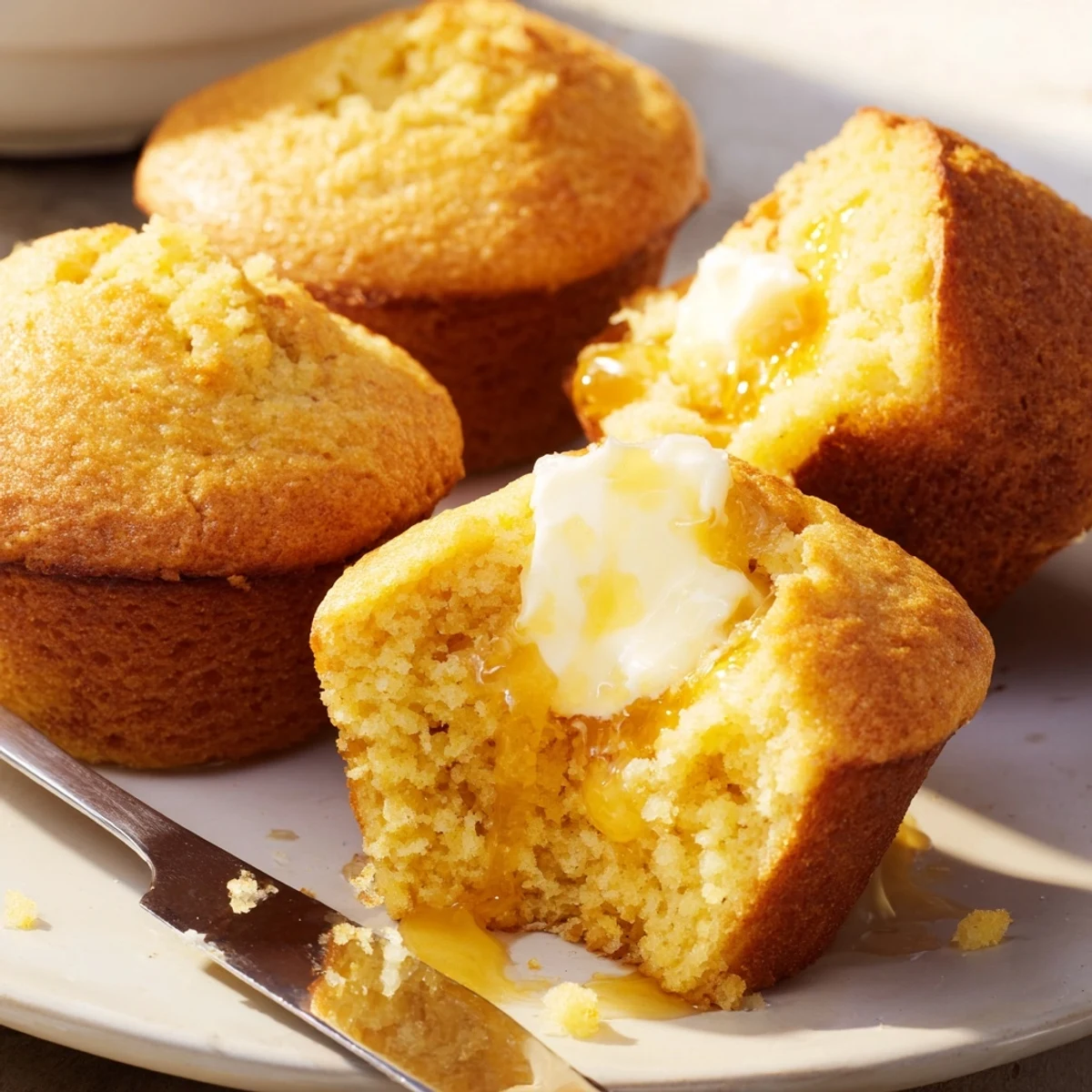 Warm cornbread muffins served with honey butter, ideal for hearty chili dinners.