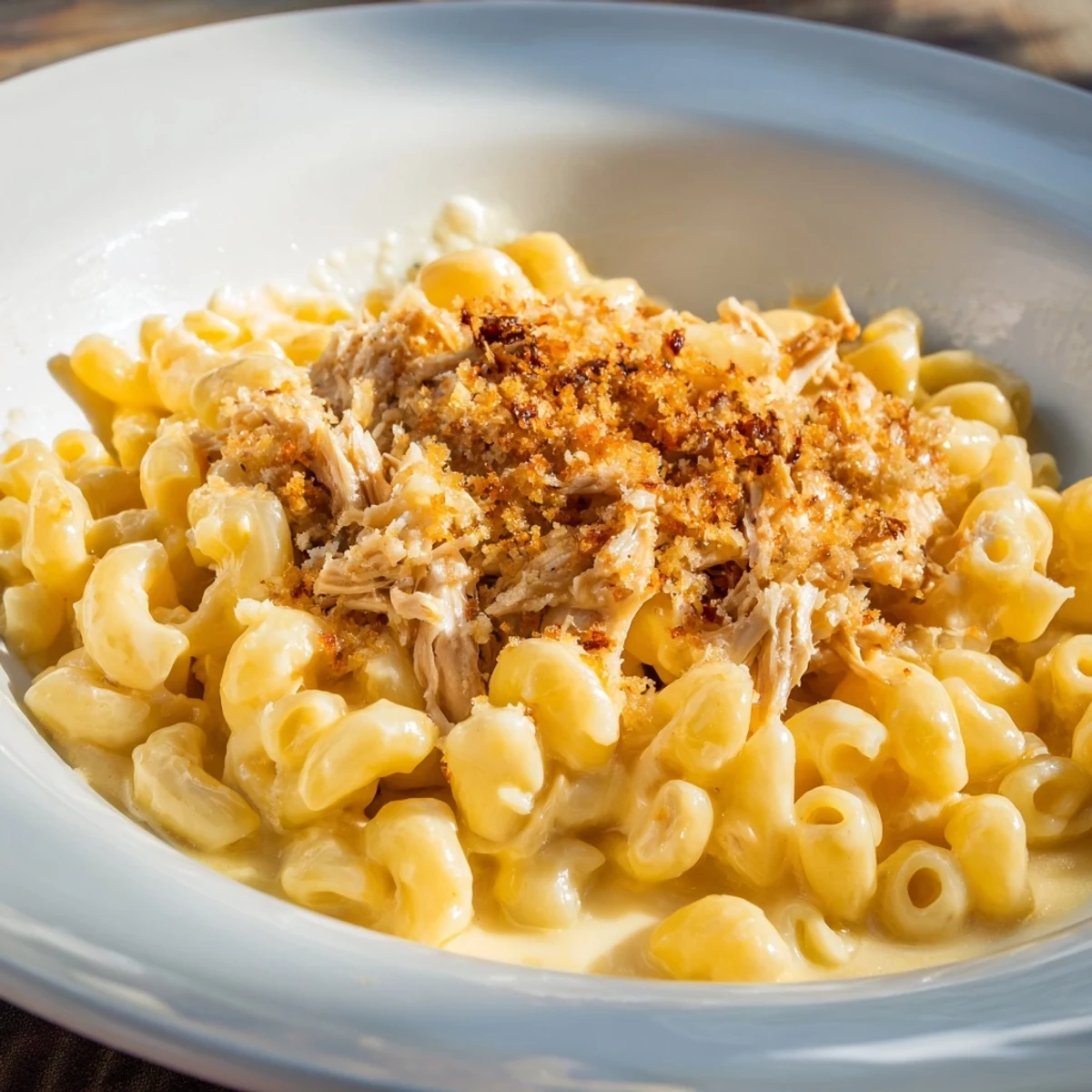 Creamy Classic Mac & Cheese with BBQ Chicken, bubbling golden brown, ready for dinner tonight.