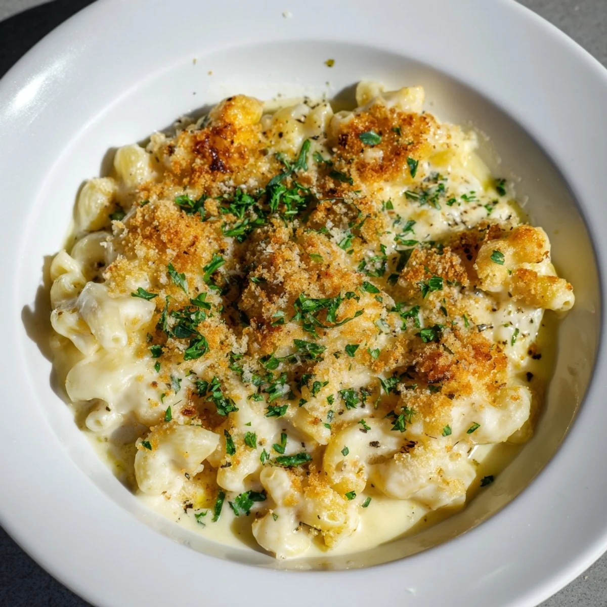 Golden, bubbly Truffle Macaroni & Cheese, a rich and creamy comfort food dish, ready to serve.