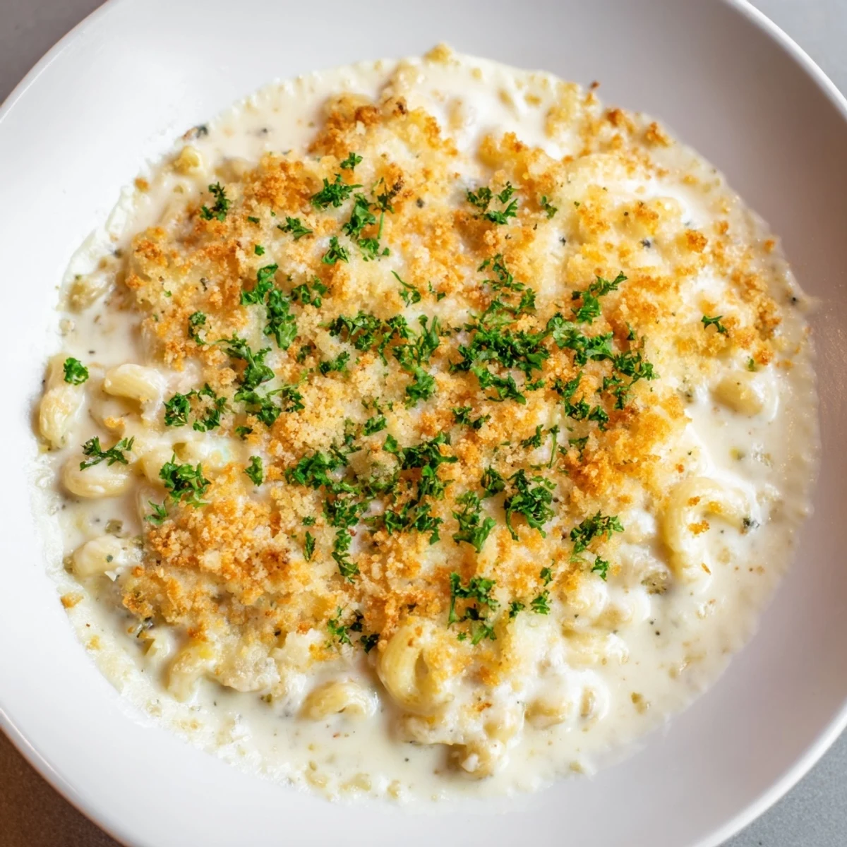 A close-up of creamy Truffle Macaroni & Cheese, topped with golden, crispy breadcrumbs in a baking dish.