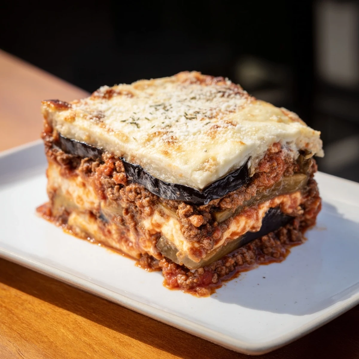 Golden-baked moussaka with layers of eggplant, savory beef, and creamy béchamel, a Greek classic.