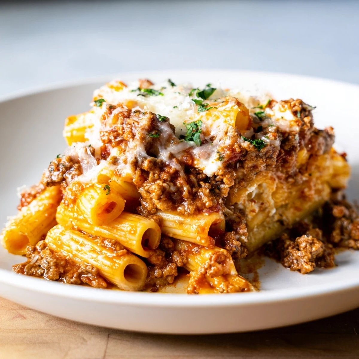 A close-up of hearty Baked Ziti with Meat Sauce, showcasing its layers of pasta, cheese, and rich sauce.