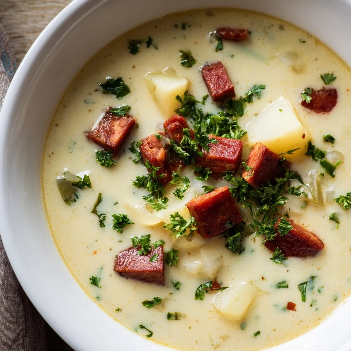 Steaming Potato, Leek & Chorizo Soup, a vibrant bowl garnished with fresh parsley and crusty bread.