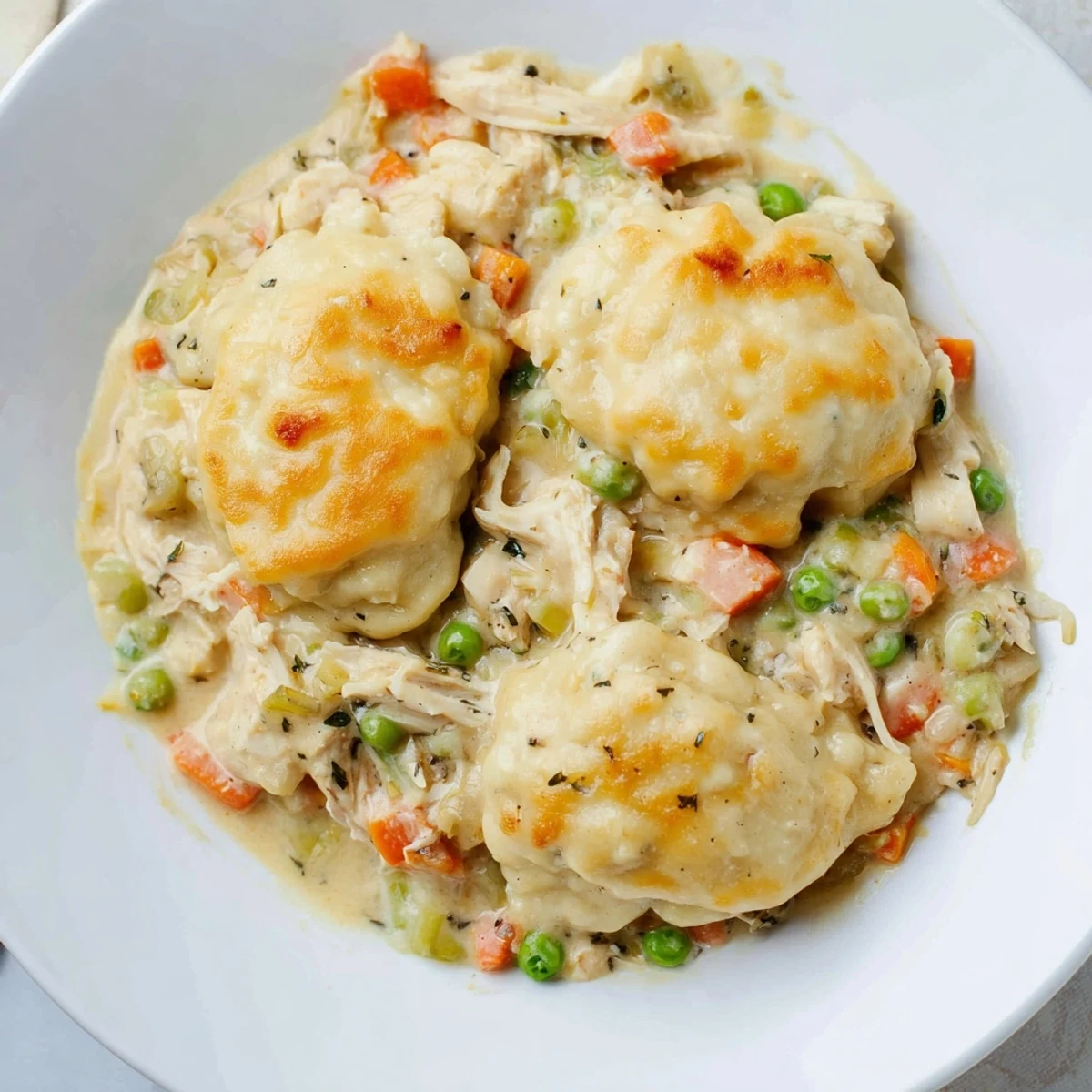 Golden-brown Chicken and Dumplings Casserole bubbling inside a baking dish, ready to serve with fragrant herbs.