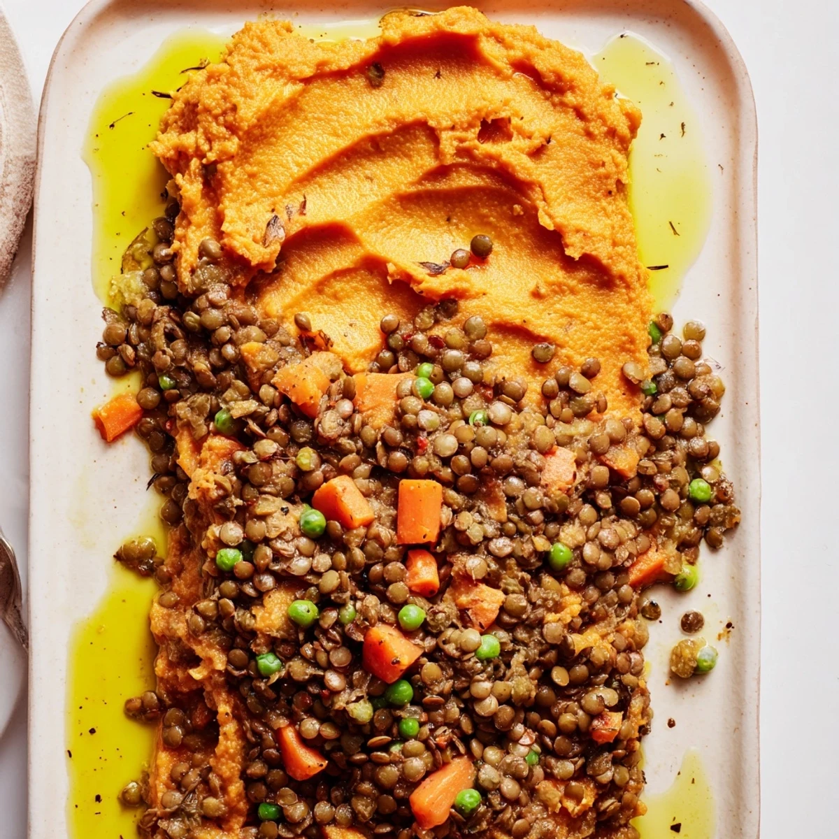 Golden-brown Veggie Shepherd's Pie with lentils and sweet potato mash, bubbling invitingly in the oven.
