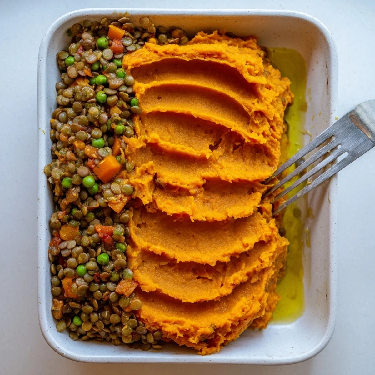 Savory and aromatic, this Veggie Shepherd's Pie features a fluffy sweet potato topping over lentils.