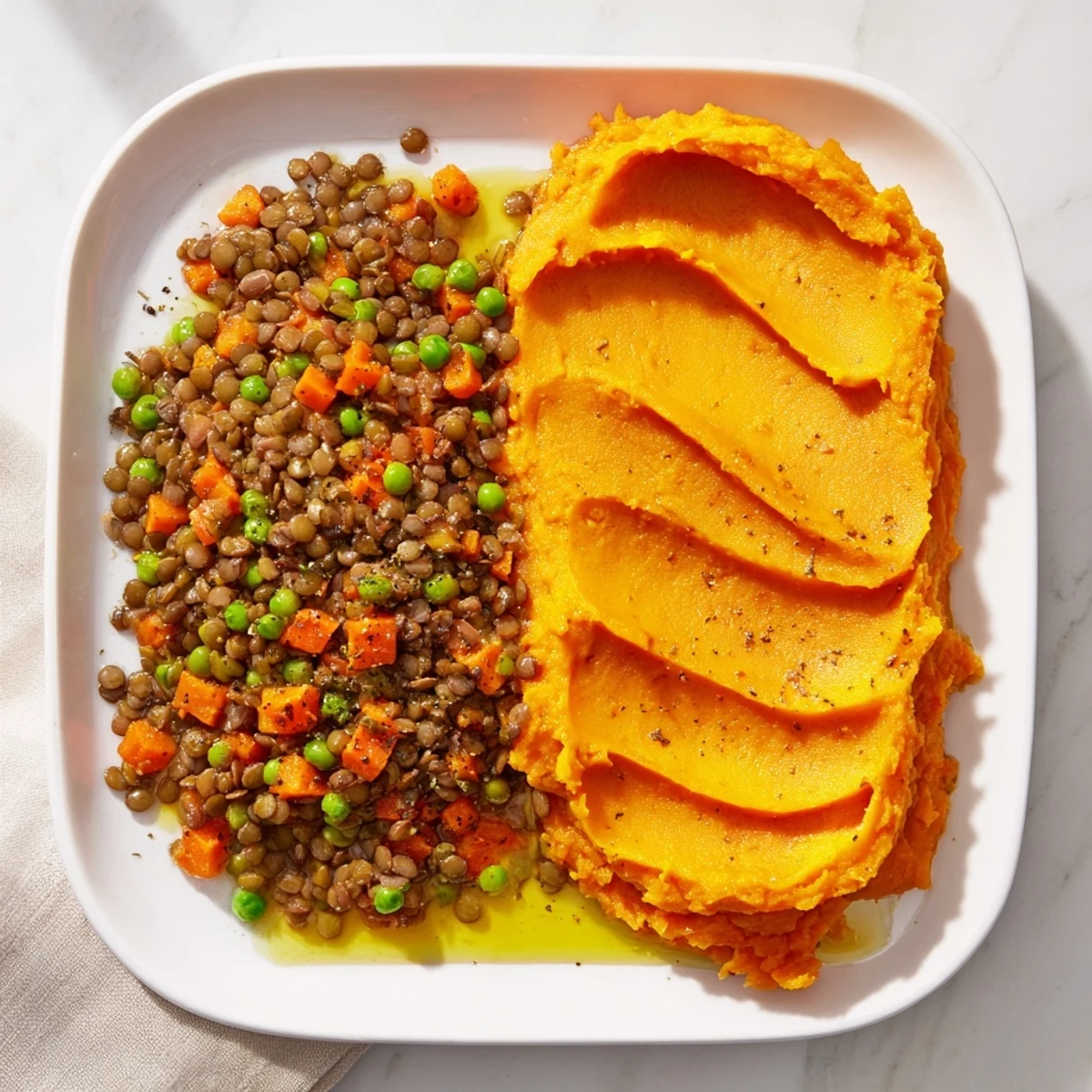 A hearty spoonful of this baked Veggie Shepherds Pie boasts a creamy sweet potato topping with lentils.