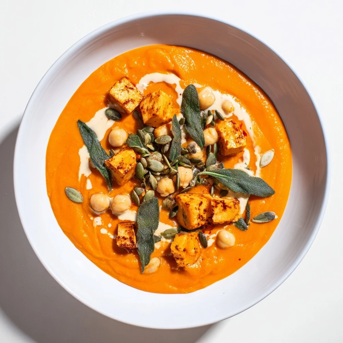 Golden-hued Chickpea, Pumpkin & Sage Soup: a fragrant and comforting vegan soup recipe.