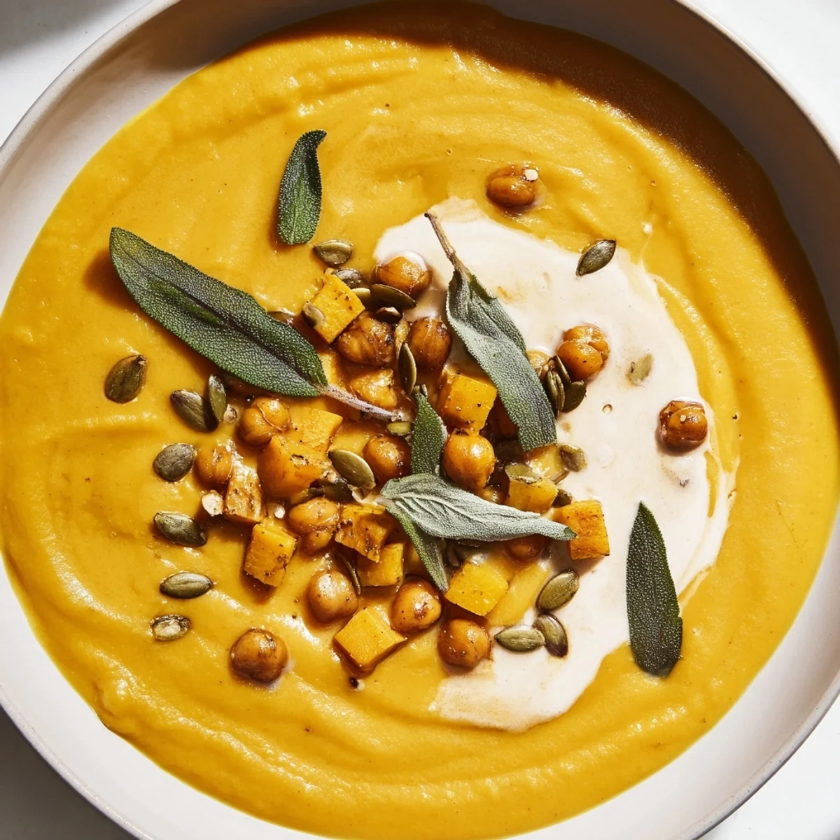 Imagine a bowl of smooth, velvety Chickpea, Pumpkin & Sage Soup, ready to savor.