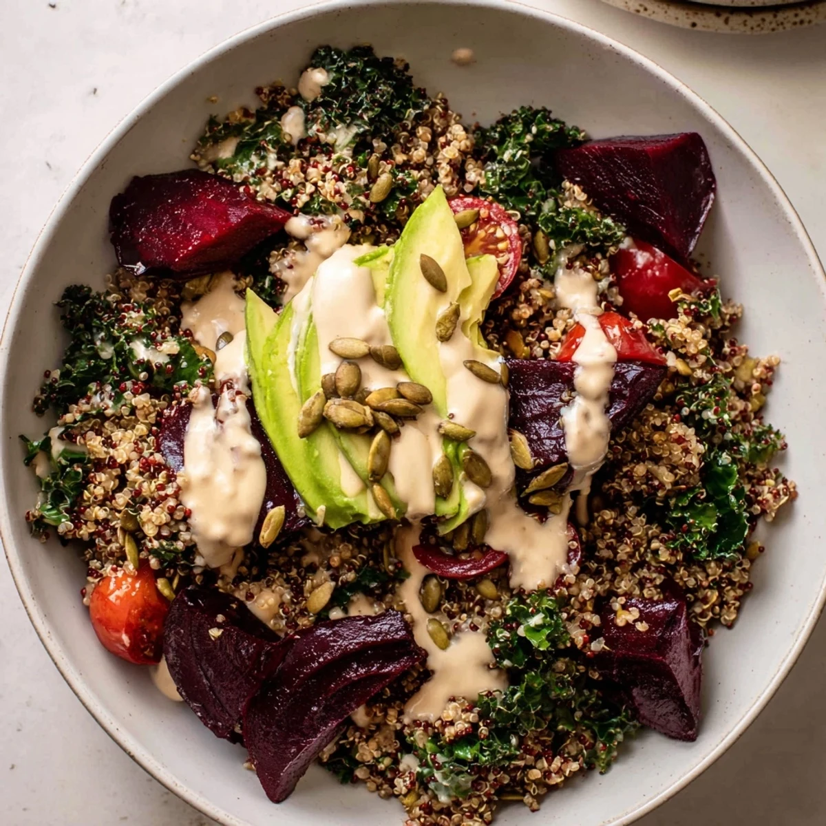 Vibrantly colored Quinoa, Kale & Roasted Beet Bowl with creamy tahini dressing is a healthy, flavorful lunch option.