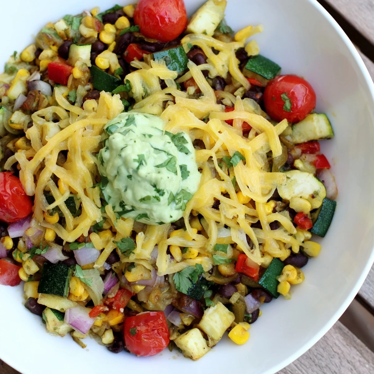 Steaming Veggie-Packed Taco Skillet with Avocado Yogurt presented visually with colorful vegetables and creamy sauce.