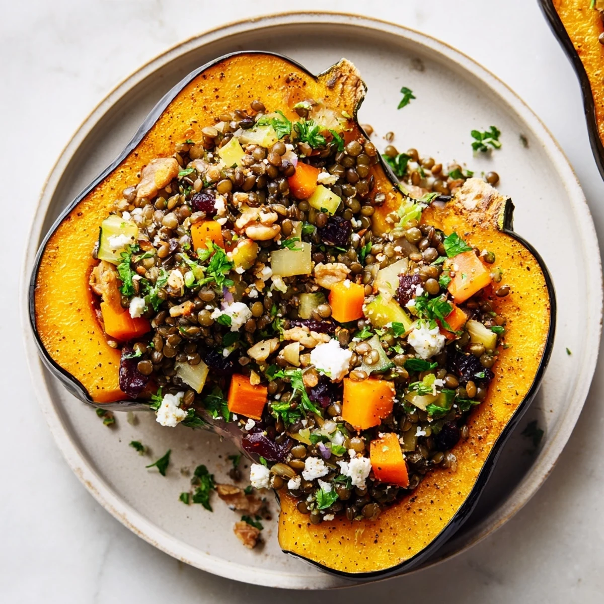 Savory Lentil & Walnut Stuffed Acorn Squash, filled with colorful vegetables and herbs, ready to bake.