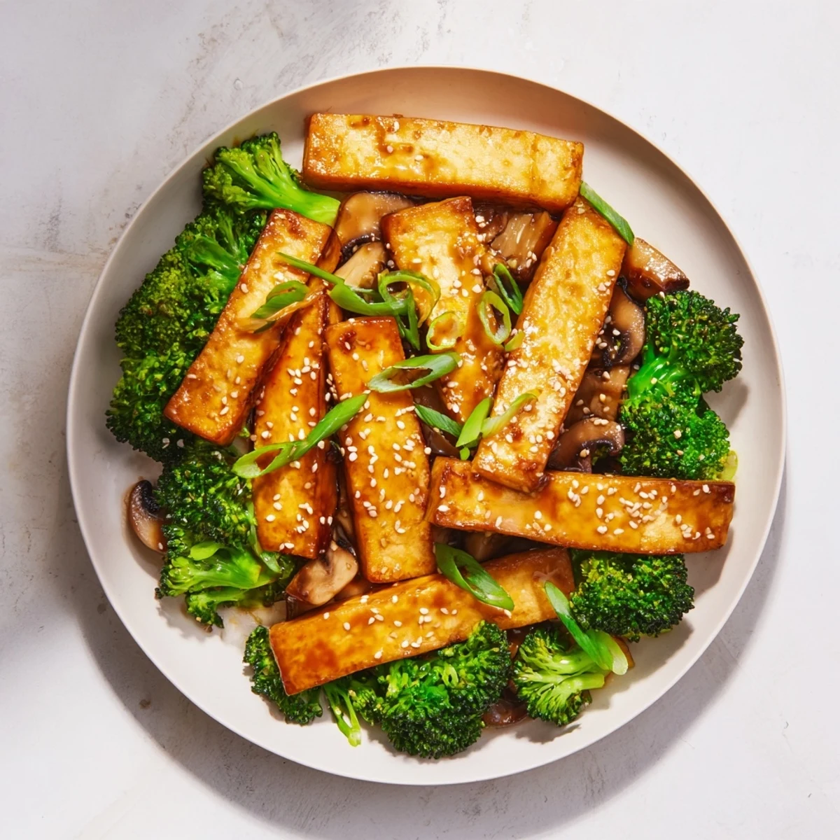 Close-up of delicious sautéed tofu steak with vibrant green broccoli and earthy mushrooms, ready to eat.