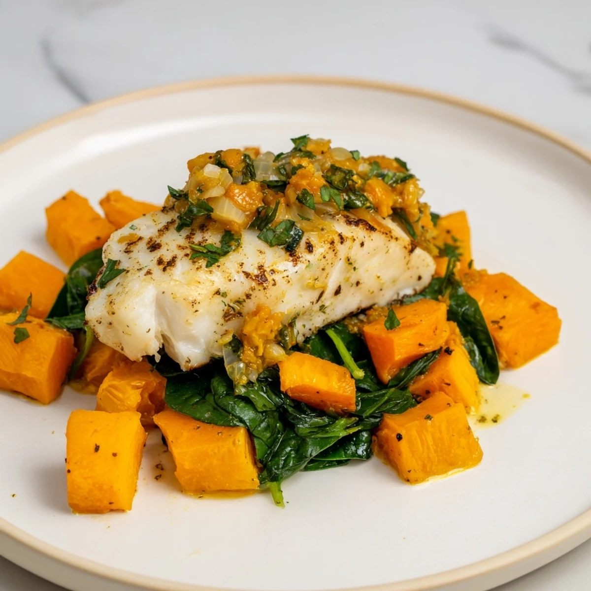 Baked Cod with Butternut Squash and vibrant tomatoes, a healthy and delicious weeknight meal.