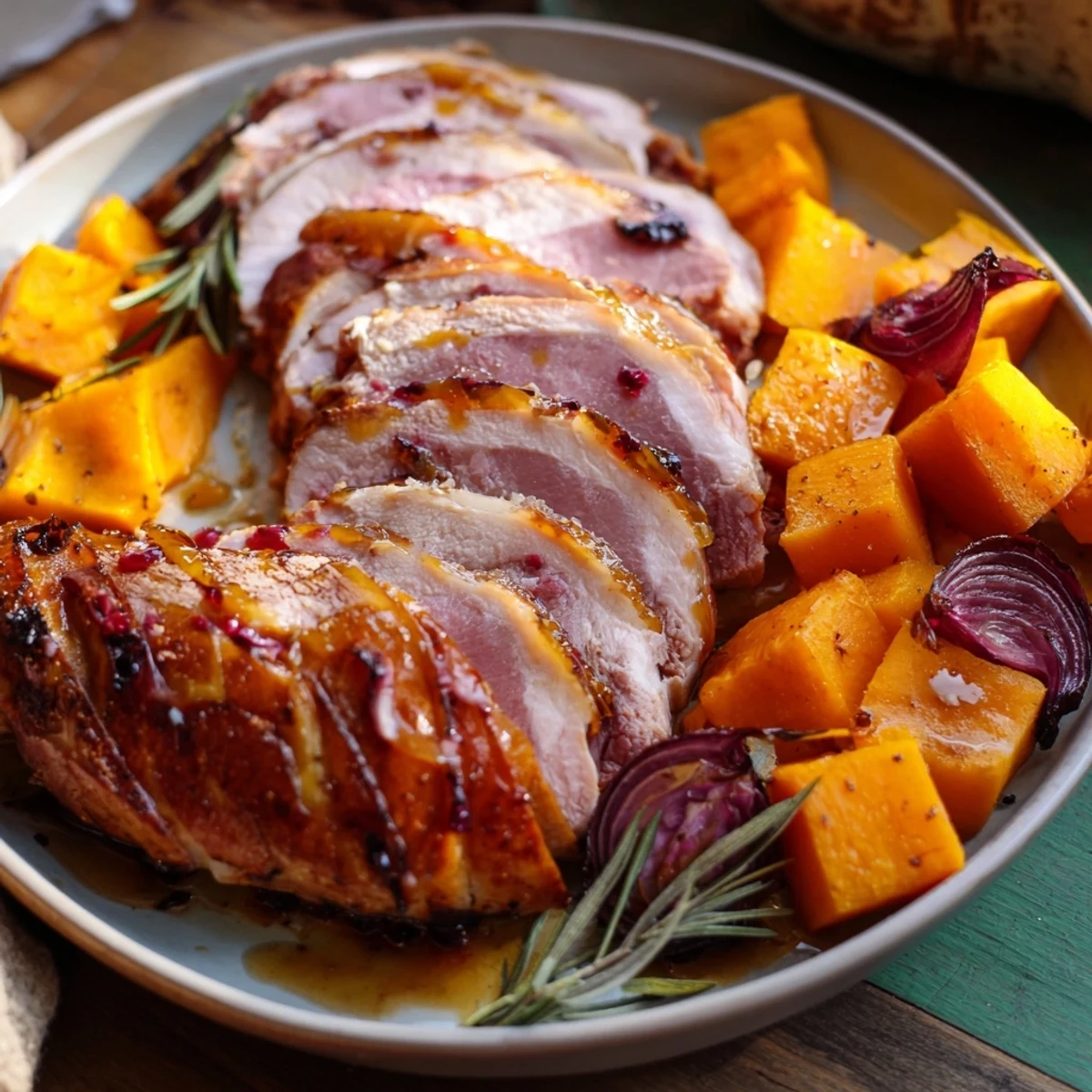 Golden-brown Sheet-Pan Roasted Turkey Breast with winter veggies, glistening from a glossy cranberry glaze.