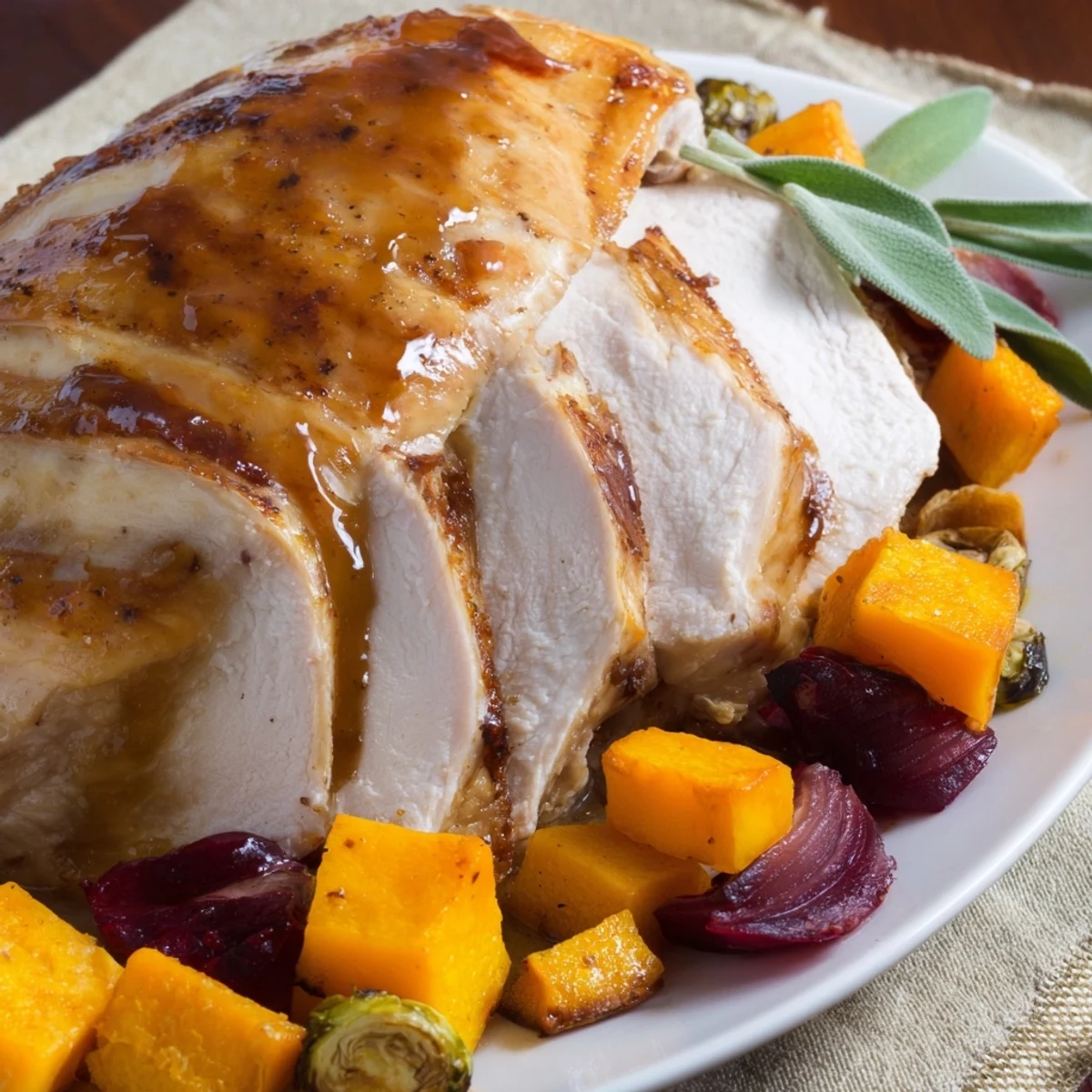 A close-up view of a tender Sheet-Pan Roasted Turkey Breast with colorful roasted vegetables and cranberry sauce.