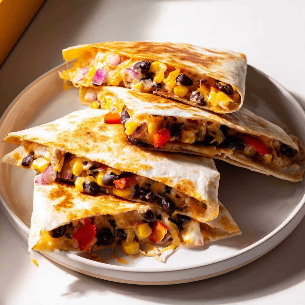 A close-up of a perfectly folded tortilla wrap hack with oozing cheese and colorful fillings.