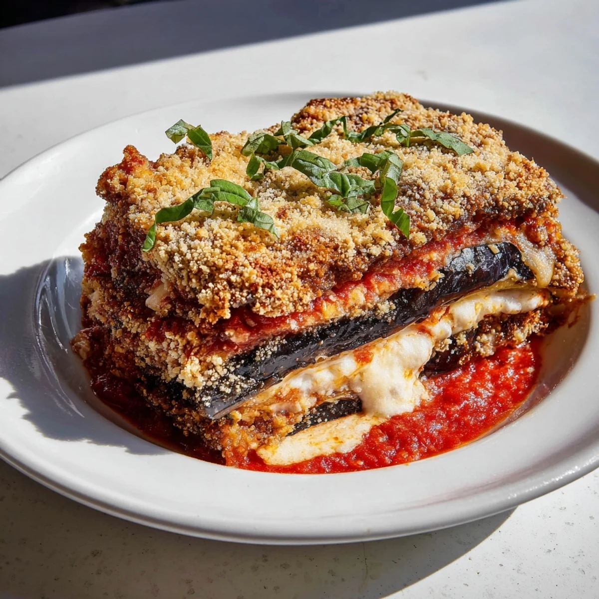 Golden-brown Eggplant Parmesan Lasagna, layered with hearty sauce and bubbly melted cheese, ready to serve.