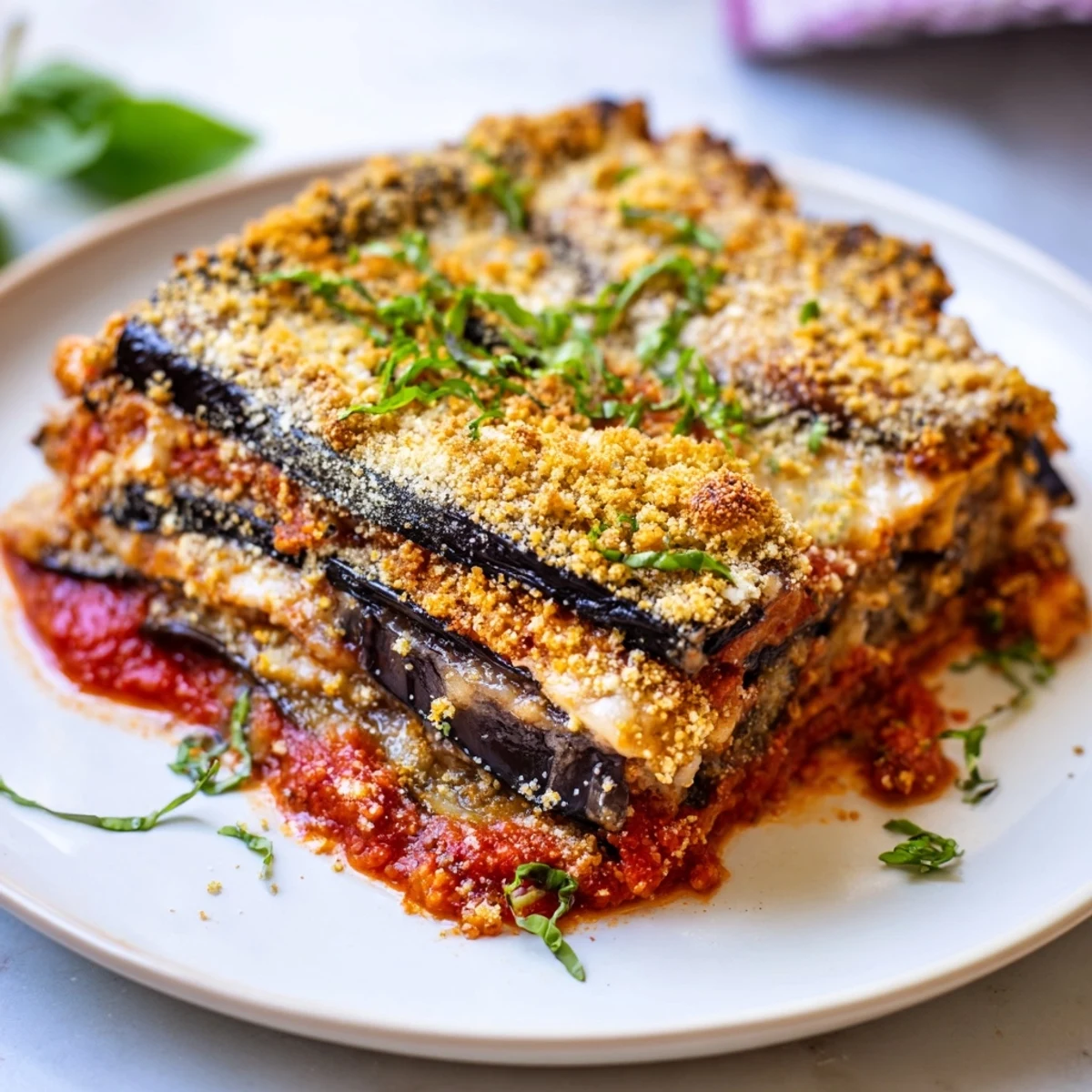 A close-up of a steaming, classic Eggplant Parmesan Lasagna, perfect for a comforting Italian dinner.