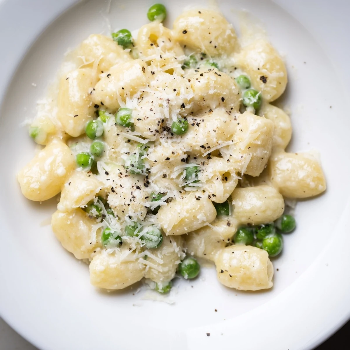 Steaming bowl of creamy Macaroni & Peas, a simple, delicious, and easy weeknight comfort meal.