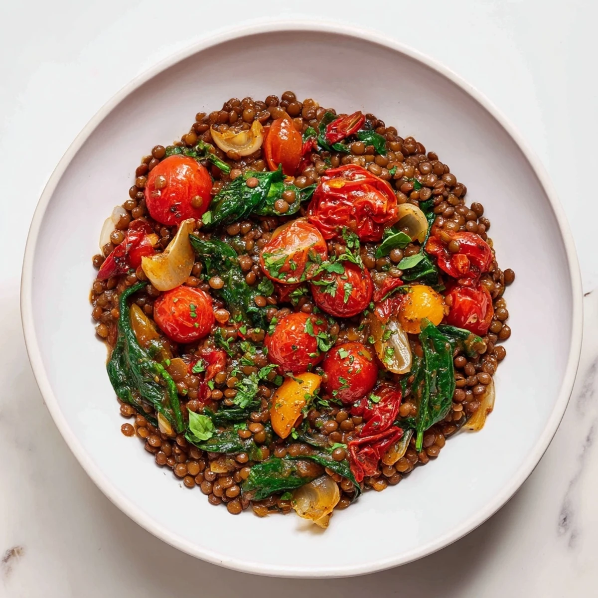 Fragrant Lentil-Tomato Skillet, a one-pan vegetarian delight with vibrant herbs and tender lentils.