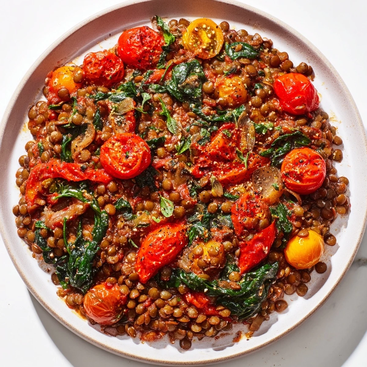 Delicious aroma of Mediterranean Lentil-Tomato Skillet, with soft lentils and a burst of tomato flavor.