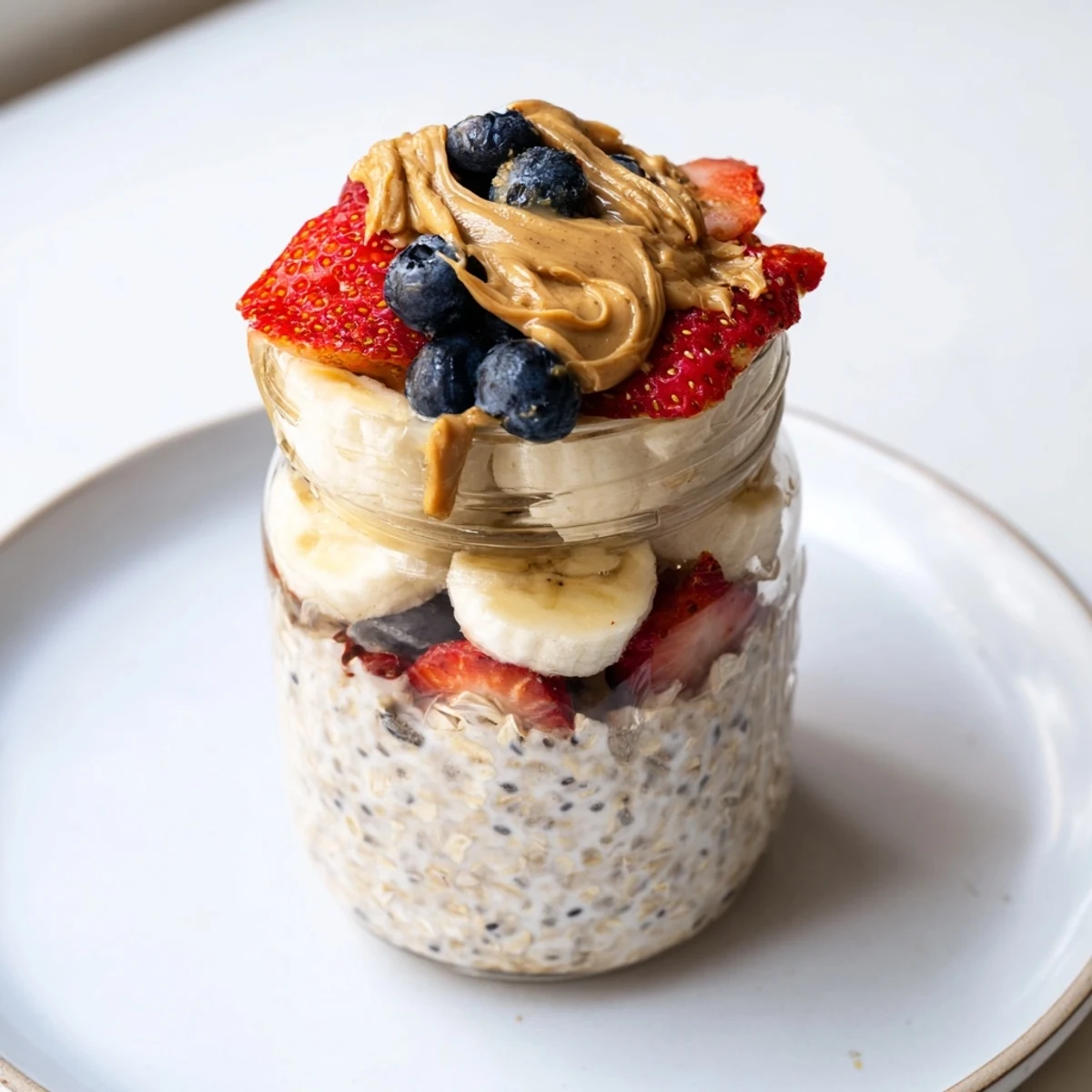 Vibrant overnight oats jars layered with fresh fruit, creamy peanut butter, a quick breakfast idea.