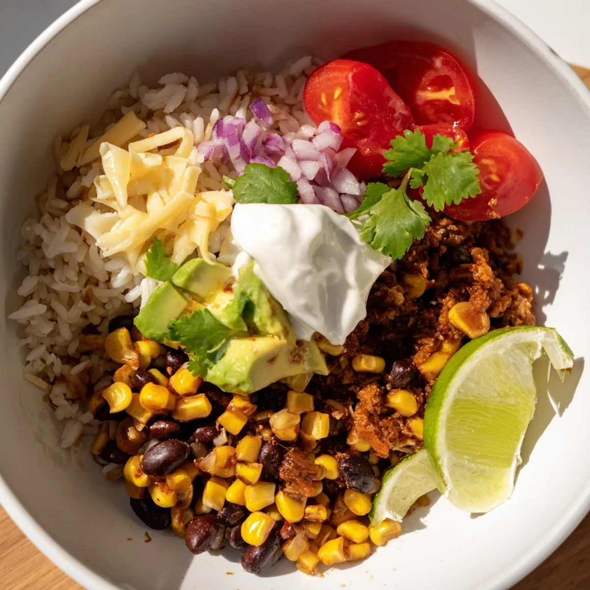 Fluffy rice, seasoned beans, and vibrant corn star in this delicious Rice, Bean, and Corn Burrito Bowl.