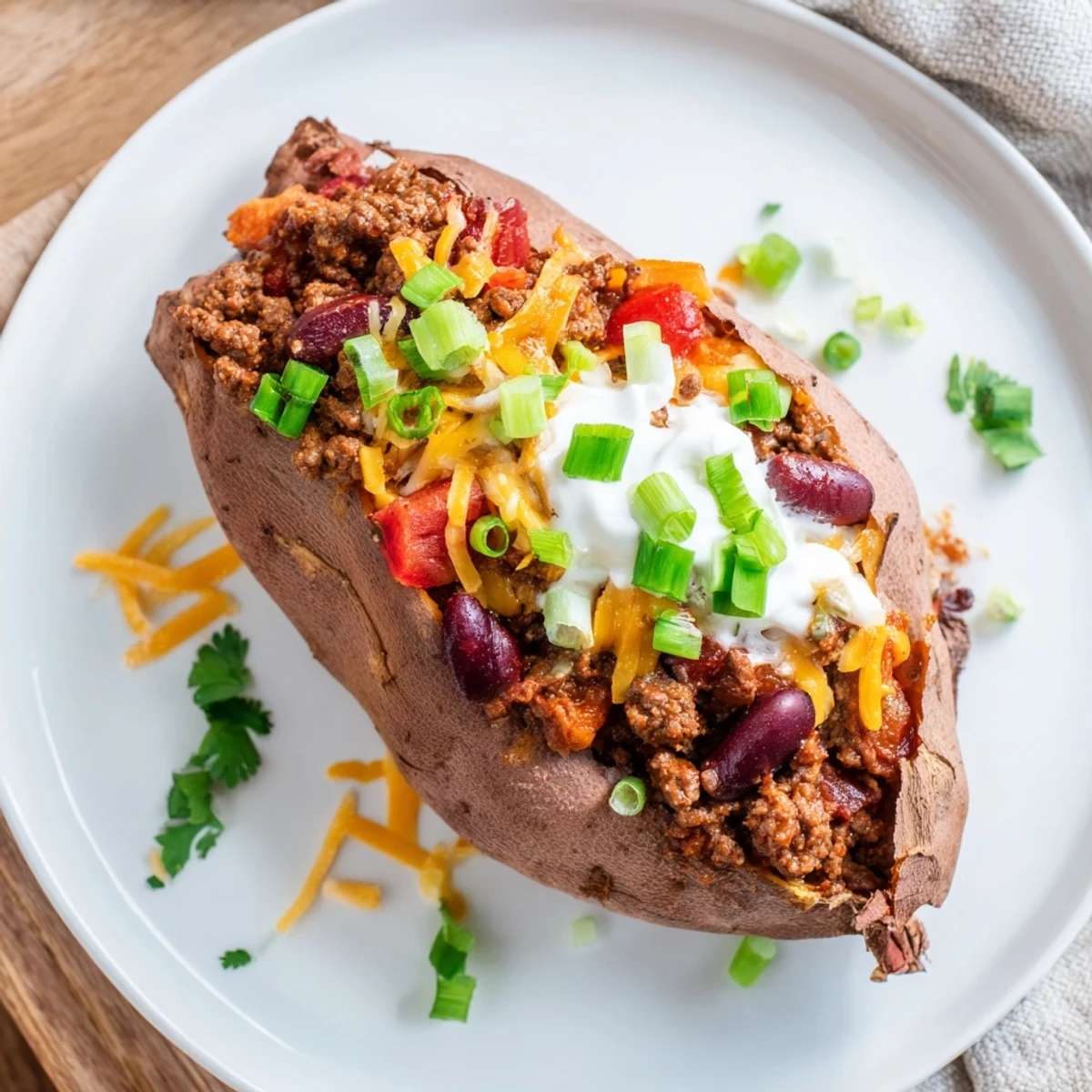 Smoky chili piled high in baked sweet potatoes, ready to be enjoyed as a hearty meal.