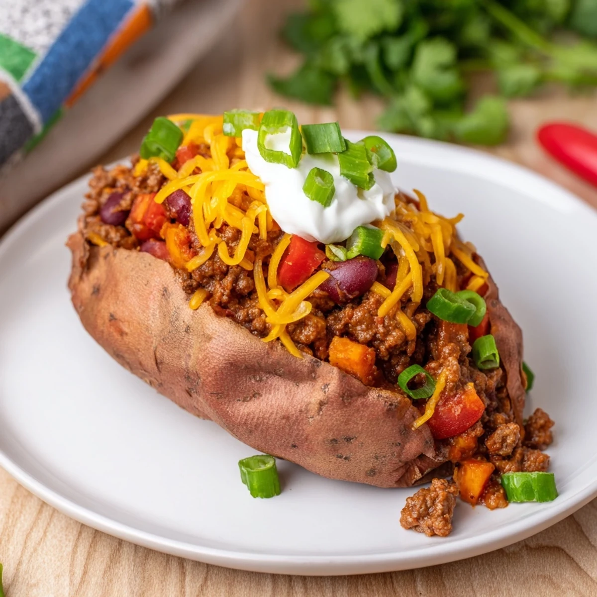 A close-up of a loaded baked sweet potato stuffed with savory chili and fresh toppings.