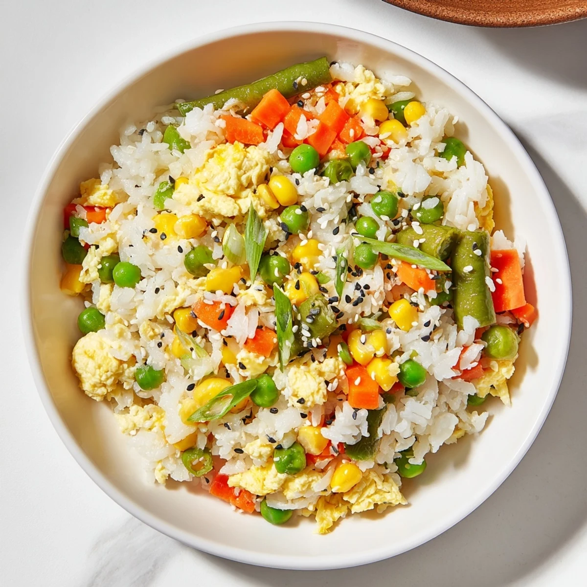Steaming frozen veggie fried rice with visible fluffy egg pieces, seasoned perfectly with soy sauce.