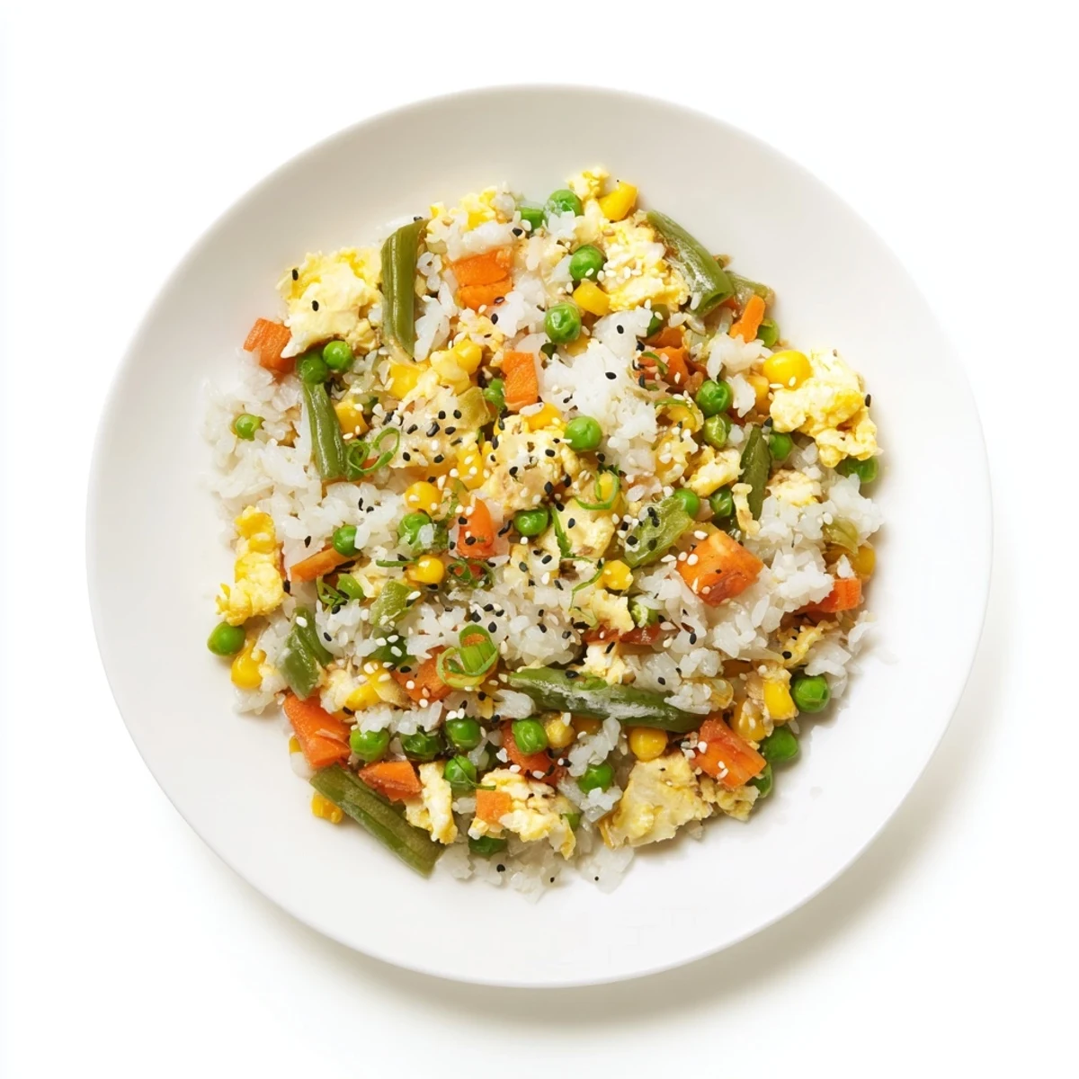 A close-up of delicious Frozen Veggie Fried Rice showcasing colorful mixed vegetables and fragrant sesame oil.