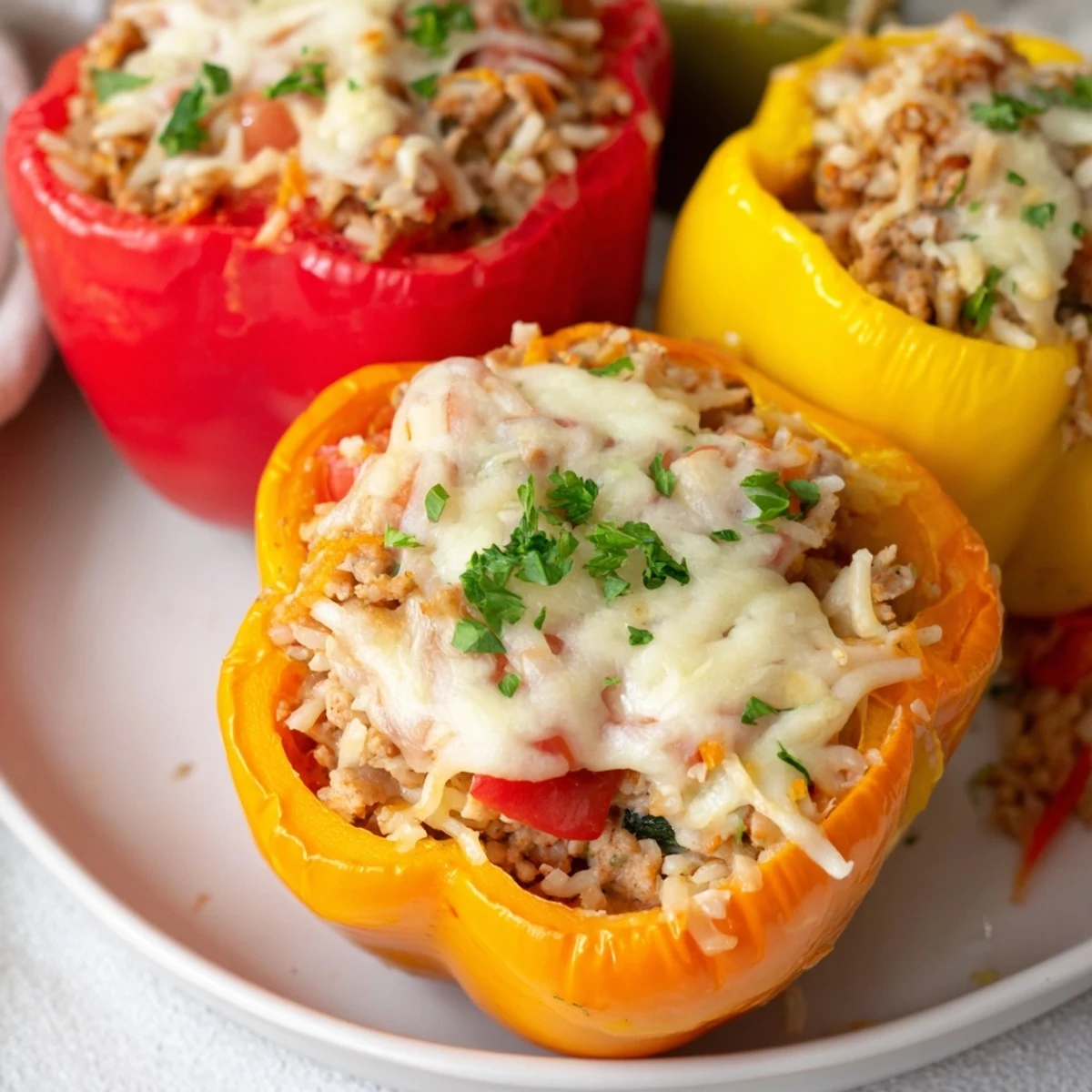 Golden-brown stuffed peppers, a hearty meal of ground turkey and rice, baked beautifully in a dish.