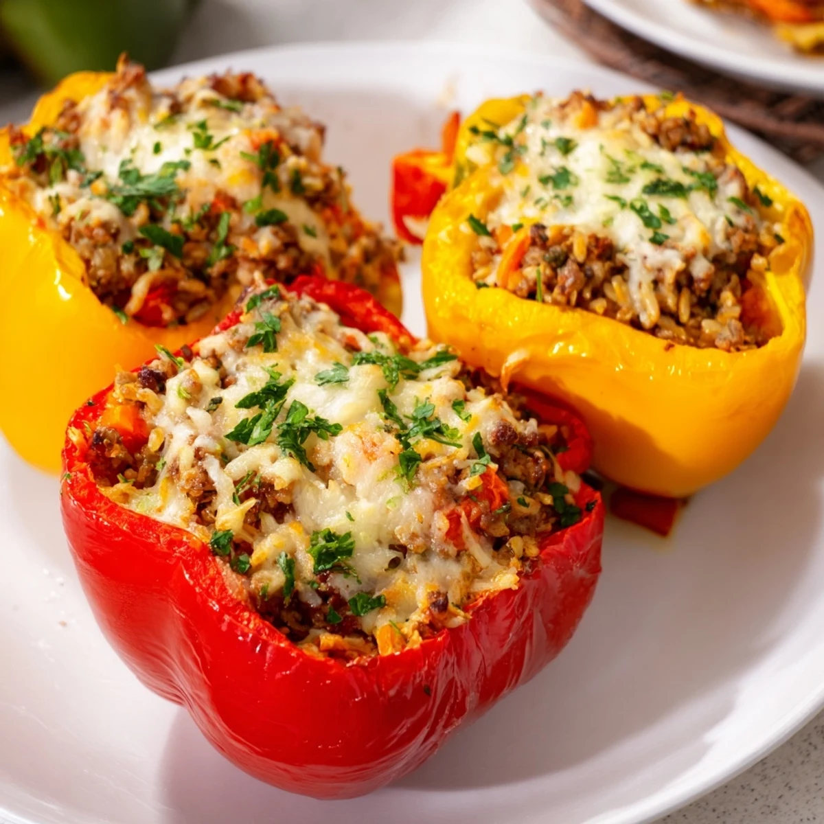 Vibrant red and green peppers, filled with savory ground turkey and rice, ready to serve as a complete dinner.
