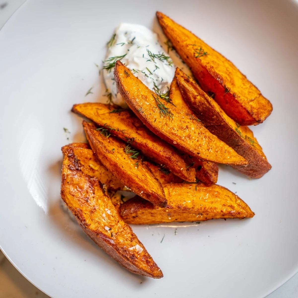 Golden brown, crispy roasted sweet potato wedges served with creamy yogurt dip.